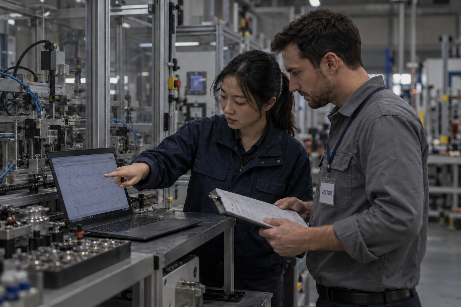 Illustrative scene of two people reviewing machine signal plots and test records beside automated equipment