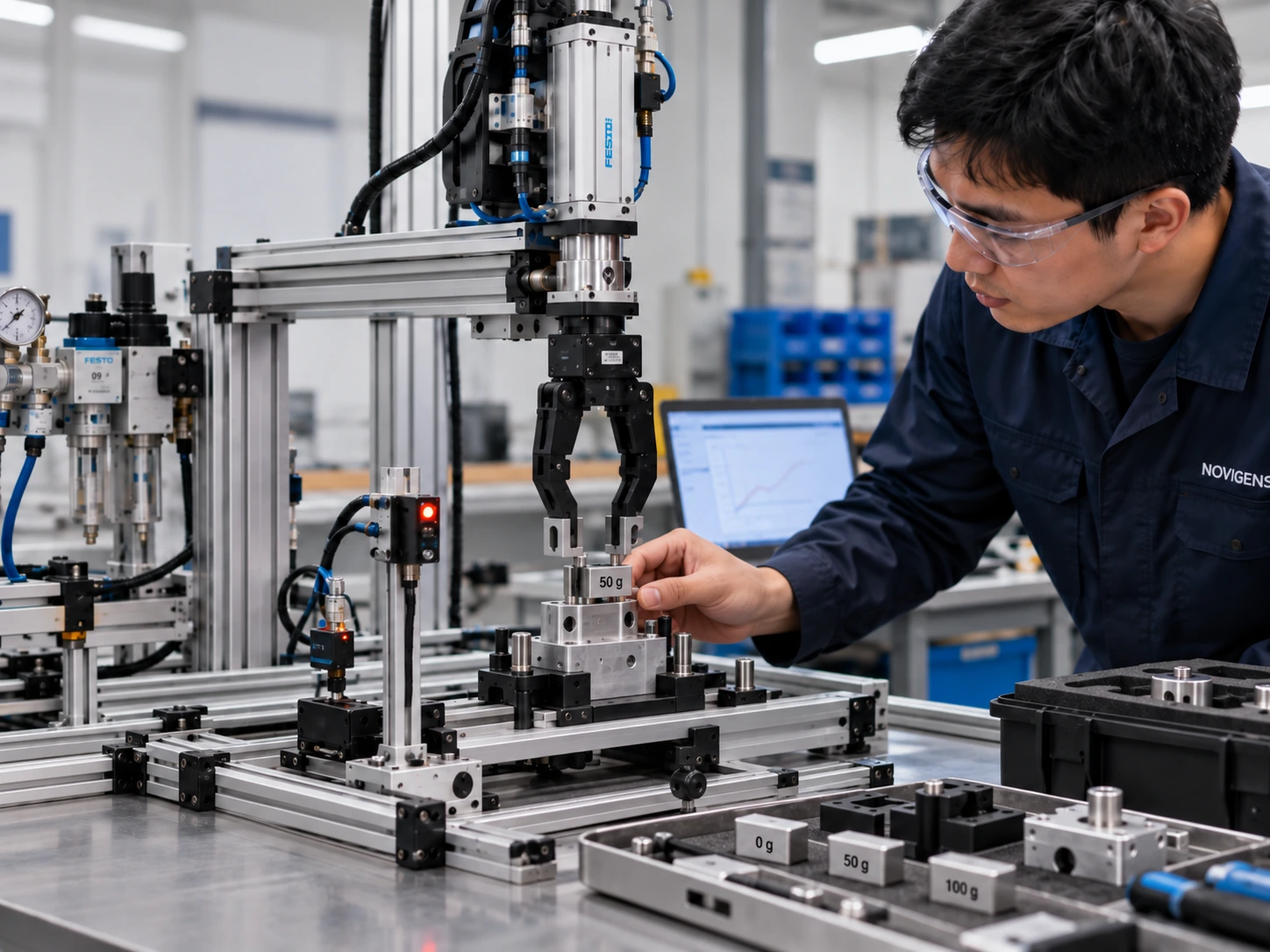 Engineer performing a physical load test on a gripper module